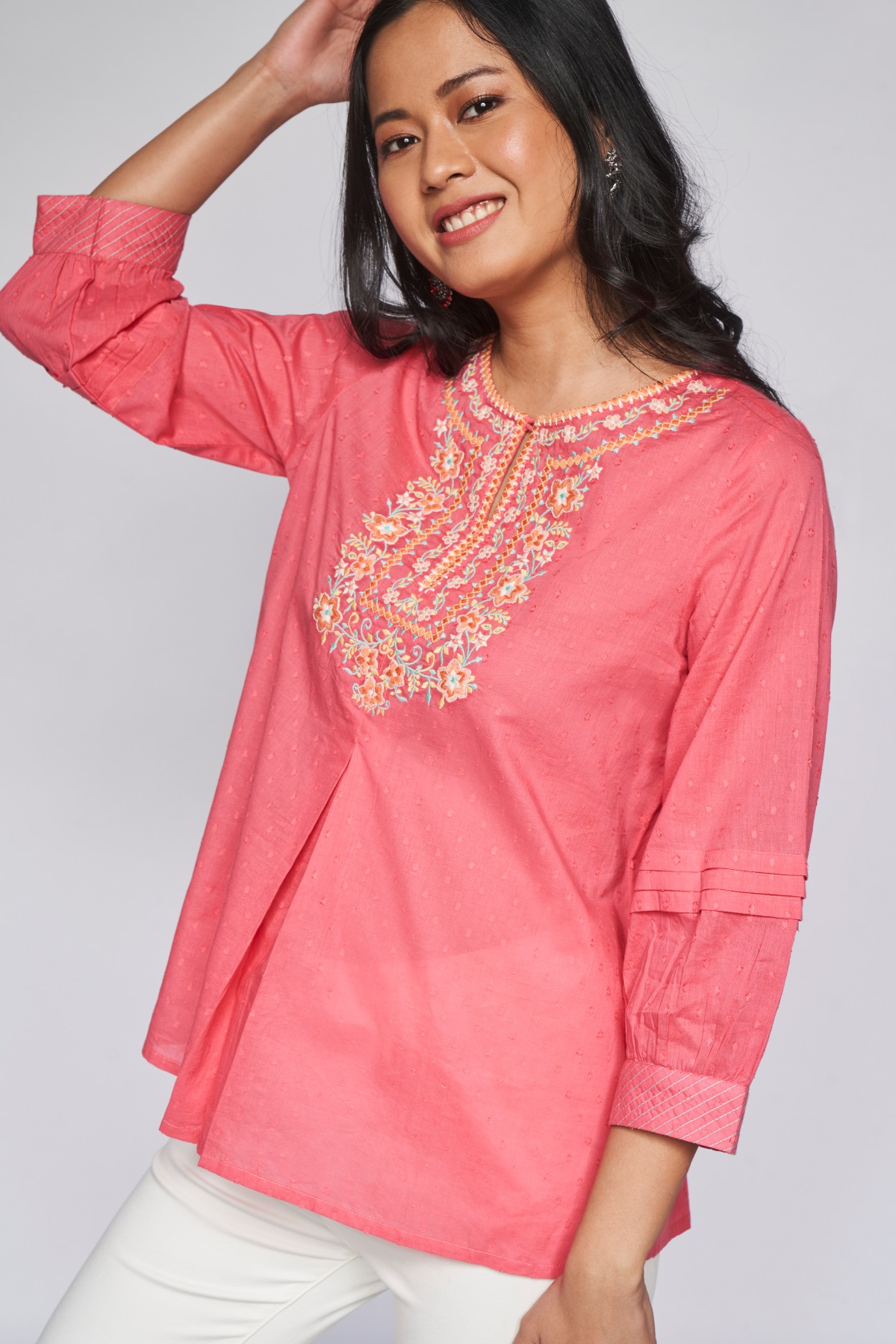 Coral Dobby A-Line Top, Coral, image 1